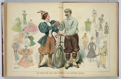 Man and a woman standing and holding a bicycle with people surrounding them in high class men and women's fashion