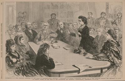 a drawing of a group of women standing up in a meeting full of men