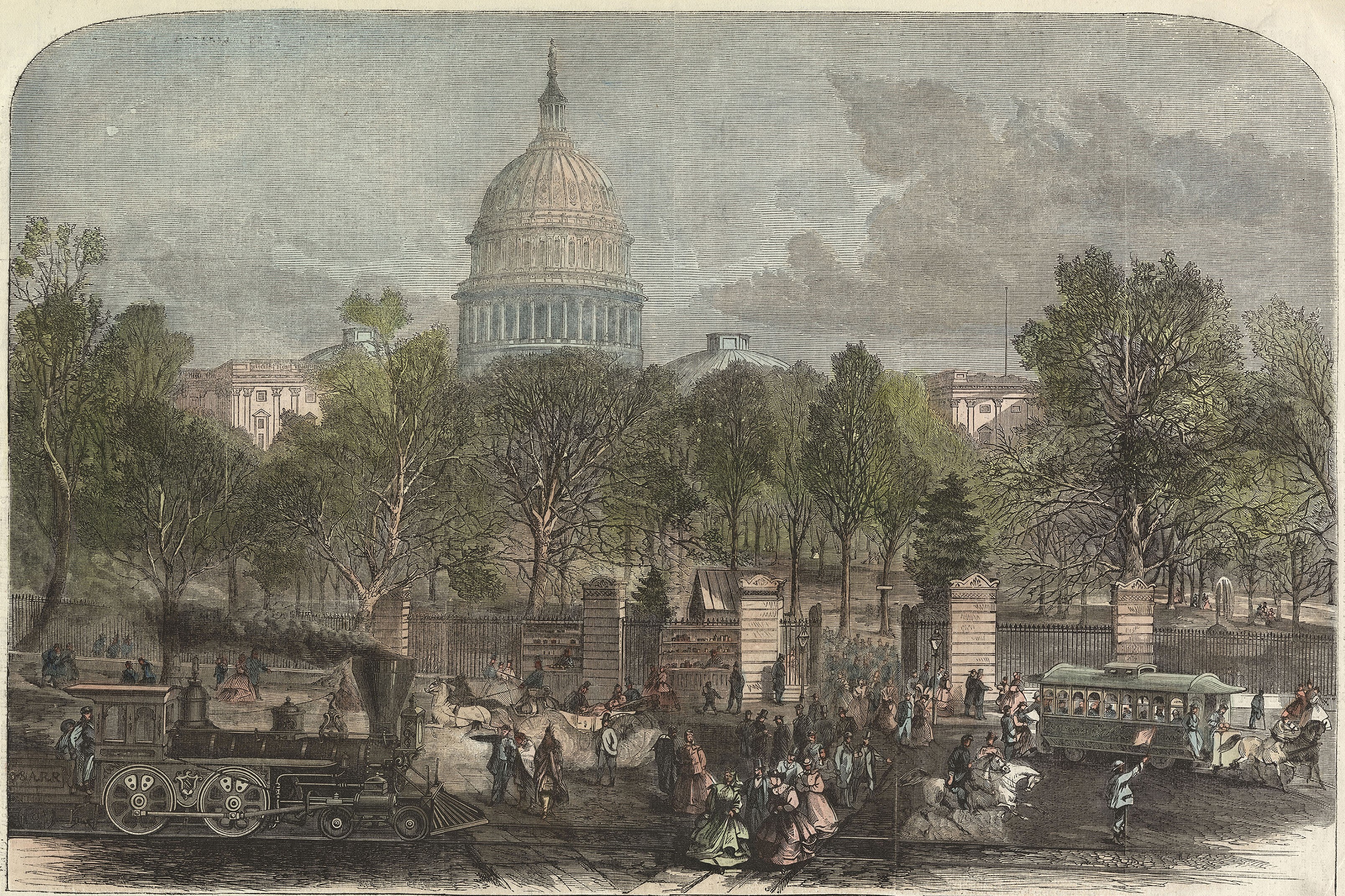  Illustration of a gate on the U.S. Capitol grounds surrounded by pedestrians, a horse-drawn streetcar, and a steam locomotive.