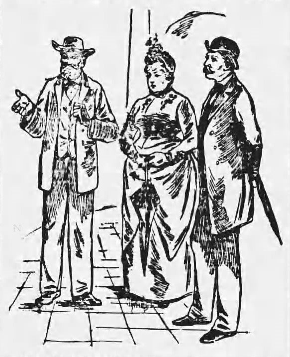 Newspaper illustration of Benjamin Stewart pointing next to a woman and a man