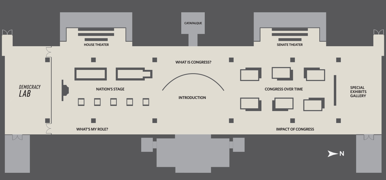 The Democracy Lab is in Exhibition Hall on the lower level of the Capitol Visitor Center.