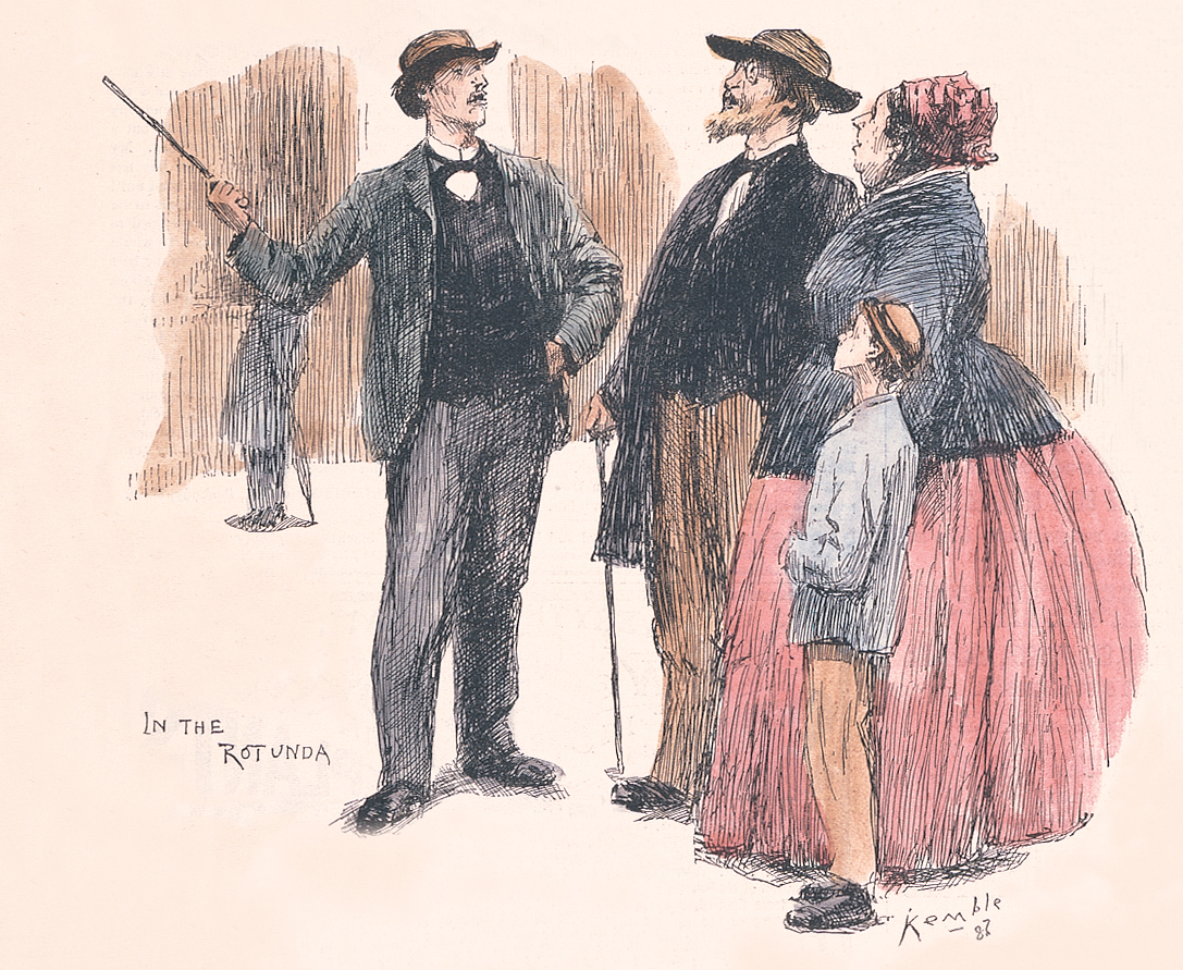 engraving of an early Guide pointing with a walking cane while talking to a group of 3 visitors