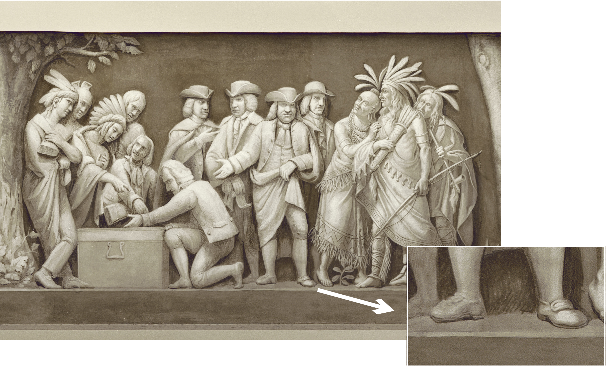William Penn and the Indians in the Frieze of American History; William Penn is at the center gesturing to a box with the Delaware Indians on his left and right