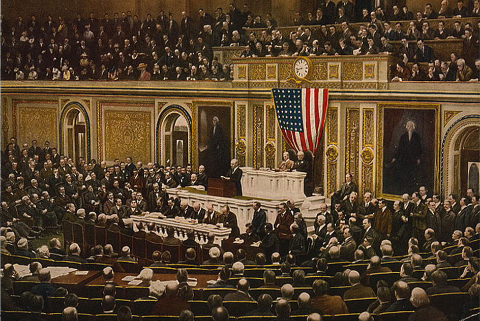 A colorized image of President Wilson addressing Congress.