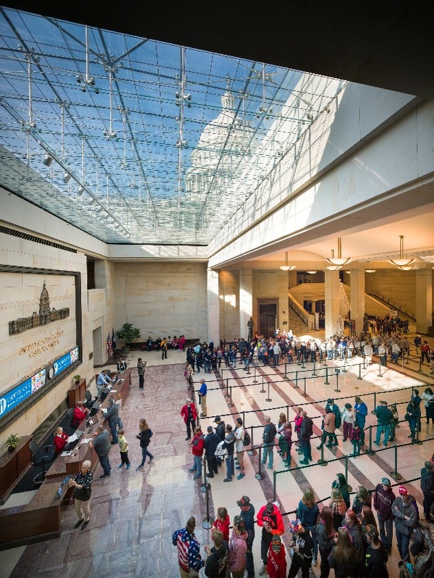 Inside the Capitol Visitor Center with a focus on the large skylights.