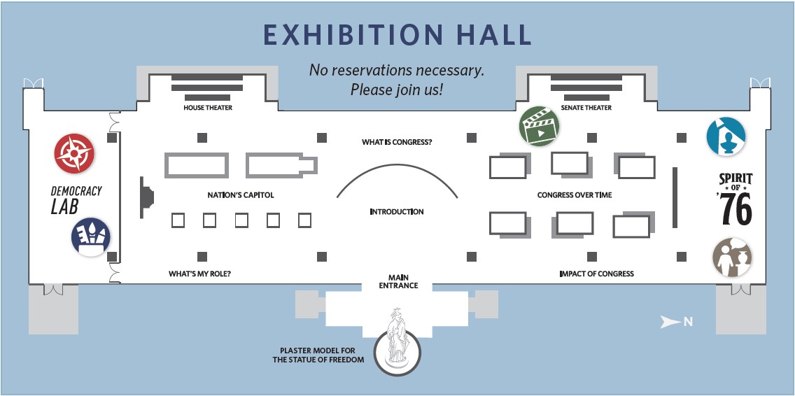 The Democracy Lab is in Exhibition Hall on the lower level of the Capitol Visitor Center.