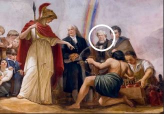 The Goddess Minerva teaches famous inventors Benjamin Franklin, Robert Fulton, and Samuel F.B. Morse. Detail from the Apotheosis of George Washington, Capitol Rotunda.