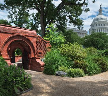 the Summerhouse amidst green foliage with the U.S. Capitol dome in the background