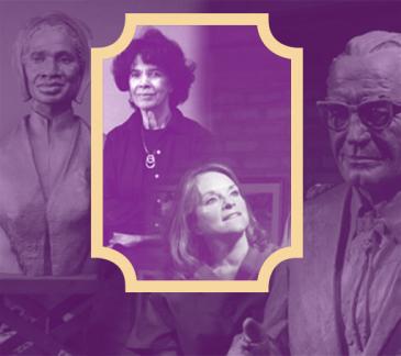 collage of purple tinted photographs of two female artists and their statues