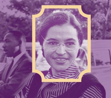 purple tinted photograph of Rosa Parks