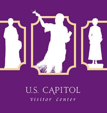 three white silhouettes of female statues from the U.S. Capitol on a purple background