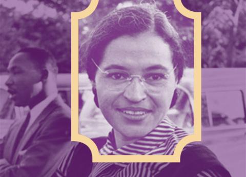 purple tinted photograph of Rosa Parks