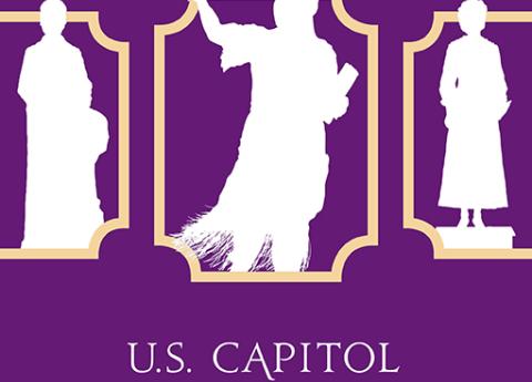 three white silhouettes of female statues from the U.S. Capitol on a purple background