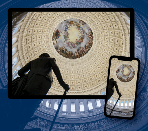 Virtual Tour Web Card - silhouetted statue with the Apotheosis of George Washington