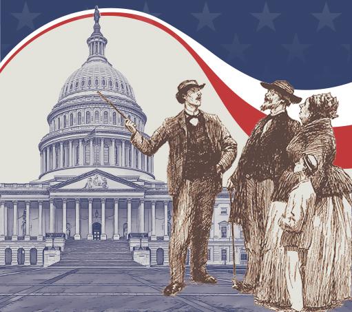 Vintage graphic of three people standing in front of the Capitol building. 