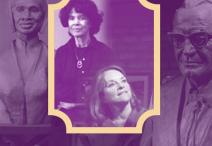 collage of purple tinted photographs of two female artists and their statues