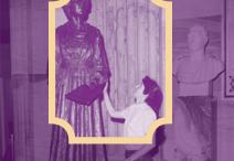 purple tinted photograph of a women reaching up to touch a statue of Jeanette Rankin