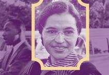 purple tinted photograph of Rosa Parks