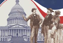 Vintage graphic of three people standing in front of the Capitol building. 