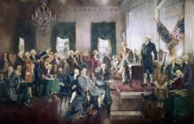 Signing of the Constitution; Howard Chandler Christy,in the House Wing, east stairway, men sitting around talking about the constitution wearing white wigs