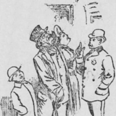 Illustration of a Guide wearing a top hat pointing towards the ceiling while speaking to a couple and a young boy.