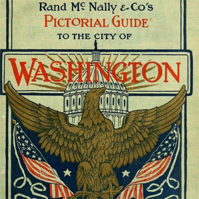 Book cover with an eagle in front of the Capitol flanked by two American flags and the title Washington