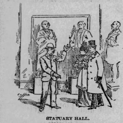 Illustration of a Guide in Statuary Hall pointing towards statues while speaking with a couple.